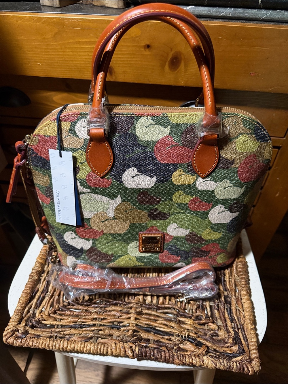 Dooney & Bourke Multicolor Camo Duck-Print Satchel with Tan Leather Trim BNWT